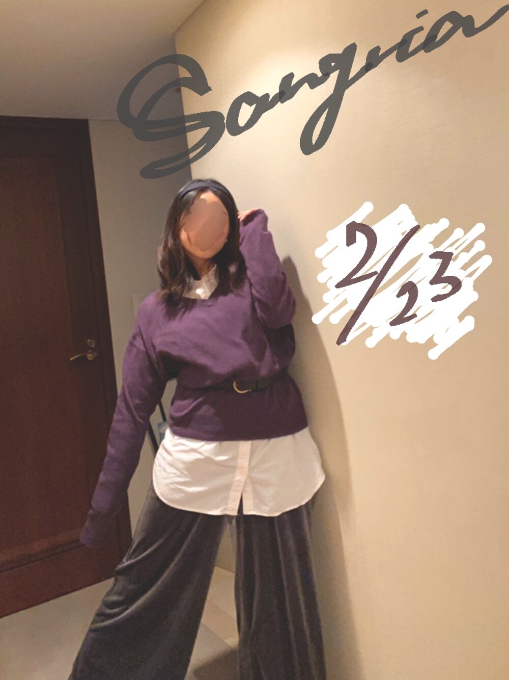 「sangria、カチューシャ、重ね着コーデ」｜「GUの(GU)ミラノリブVネックセーター(長袖) LIGHT PURPLE XL（ニット/セーター、パープル系）」を使った、cocorotimeさん（レディース・155cm）の冬コーディネートの1枚目の写真