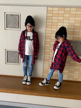 「コンバース ハイカット」｜「アイテム（ニットキャップ/ビーニー）」を使った、Hi-mamaさん（キッズ・120cm）の秋コーディネート