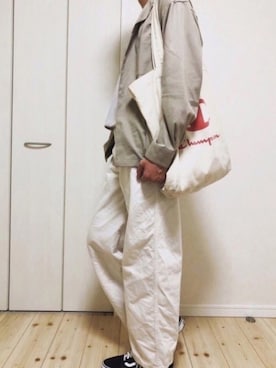「Champion（チャンピオン）のアイテム（トートバッグ）」を使った、もやちゃんさん（メンズ・177cm）の春コーディネート