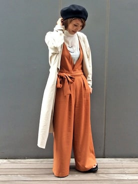 「ガウンコート」｜「アイテム（オールインワン・サロペット）」を使った、inoueさん（レディース・154cm）の秋コーディネート