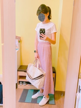 「ギンガムチェック」｜「アイテム（スカート、ピンク系）」を使った、KOKONEさん（レディース・168cm）の夏コーディネート