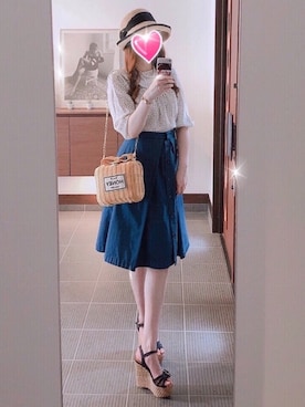 「Honey Salon（ハニーサロン）のアイテム（かごバッグ）」を使った、致し方なく課金さん（レディース・157cm）の夏コーディネート