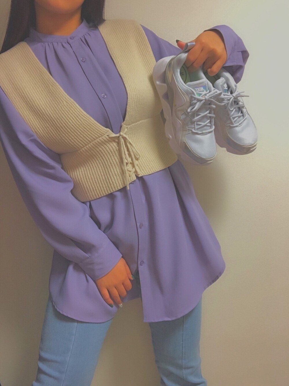 「秋コーデ、休日スタイル、お洒落さんとつながりたい、ootd、私の休日コーデ」｜「GUのアイテム（シャツ/ブラウス、パープル系）」を使った、もえぴ☺︎さん（レディース・165cm）の秋コーディネートの1枚目の写真