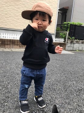 「チャンピオン パーカー」｜「アイテム（帽子）」を使った、mNt15さん（キッズ・90cm）の秋コーディネート