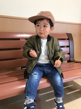 「GLOBAL WORK（グローバルワーク）のアイテム（ジャケット/アウター、グリーン系）」を使った、mNt15さん（キッズ・100cm）の秋コーディネート