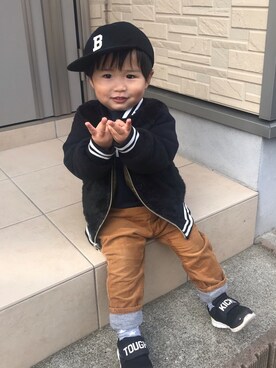 「GLOBAL WORK（グローバルワーク）のアイテム（ジャケット/アウター、ブラック系）」を使った、mNt15さん（キッズ・100cm）の秋コーディネート