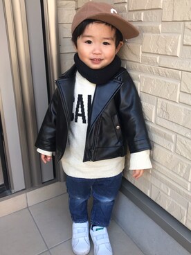 「しまむら（シマムラ）のアイテム（ライダースジャケット）」を使った、mNt15さん（キッズ・90cm）の冬コーディネート