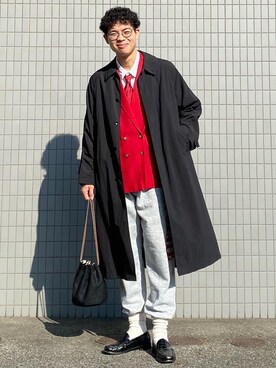 ステンカラーコートを使った 赤コーデ のメンズ人気ファッションコーディネート Wear