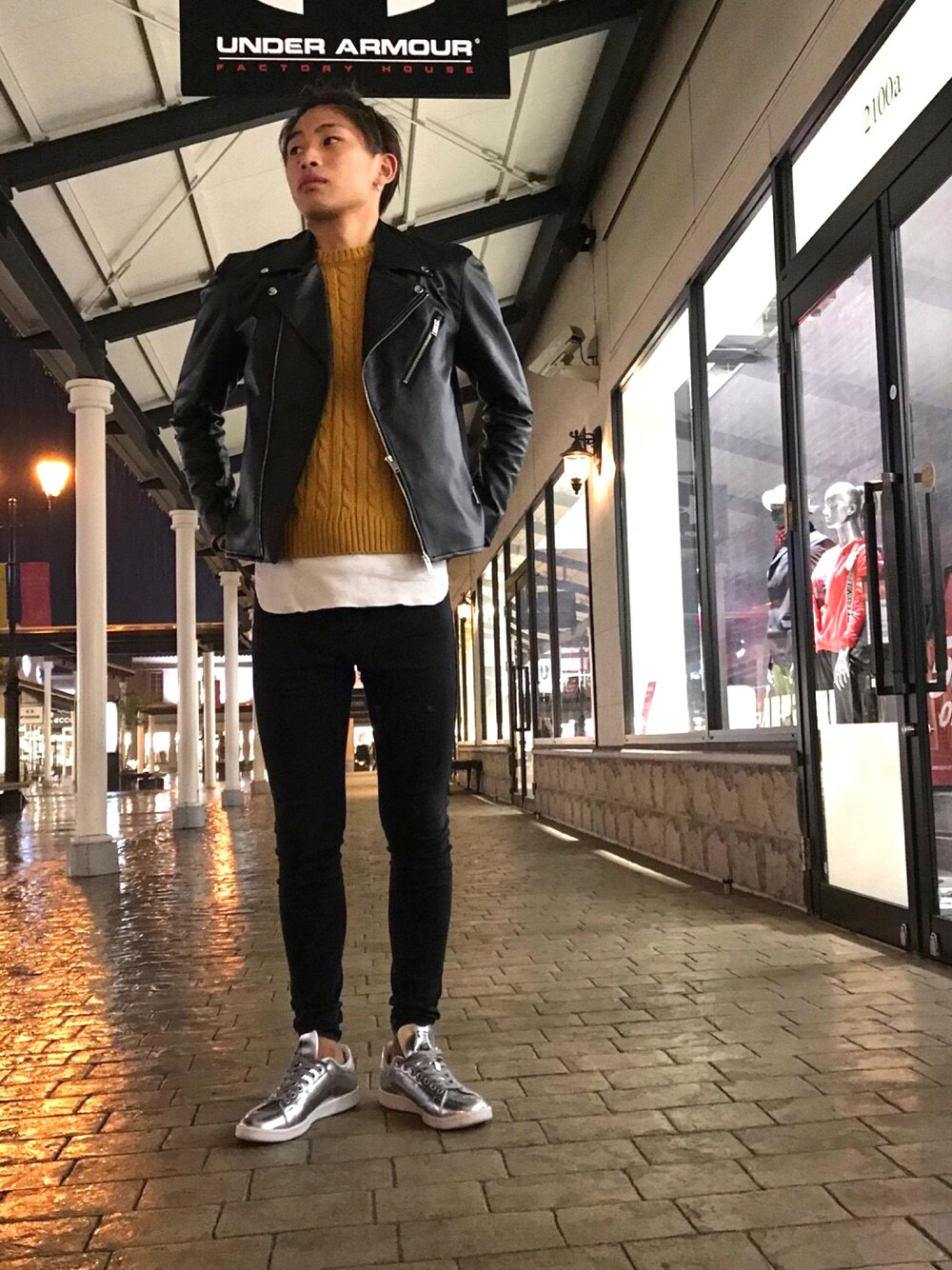 「冬、クリスマスコーデ、ootd、カジュアル、ライダース、stan smith、adidas、adidas originals、417 EDIFICE、ジャケット」｜「ZIP FIVEのざっくり5Gケーブルセーター【ローゲージニット】（ニット/セーター、イエロー系）」を使った、yu-taさん（メンズ・173cm）の冬コーディネートの1枚目の写真