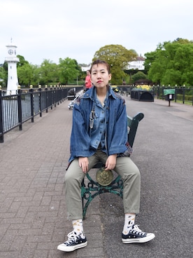 「VINTAGE（ヴィンテージ）のアイテム（デニムジャケット、ブルー系）」を使った、Ann Anさん（レディース・163cm）の春コーディネート