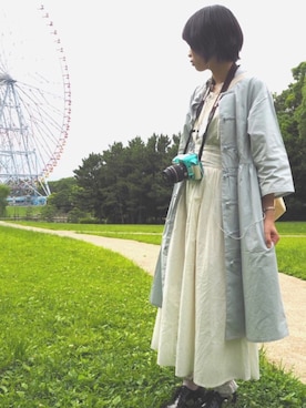 「MERLOT（メルロー）のチャイナボタンワンピース1219（ワンピース、ブルー系）」を使った、しほみさん（レディース・163cm）の夏コーディネート