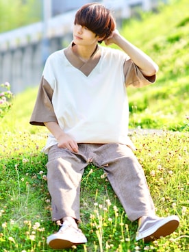 「ページュ」｜犬飼京 inukai keiさん（メンズ・183cm）の夏コーディネート