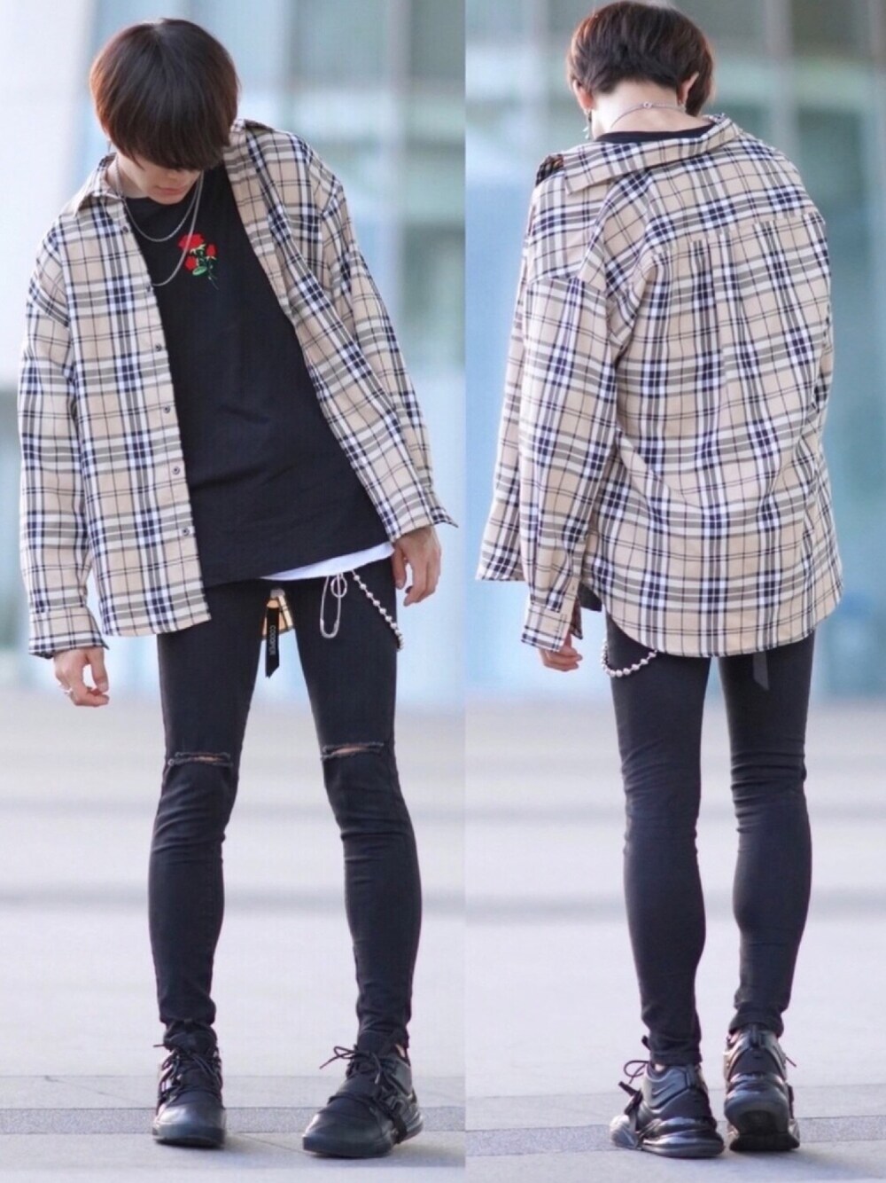 ベージュ系のシャツ/ブラウス、ホワイト系のタンクトップ、ブラック系のデニムパンツを着用したメンズの夏コーディネートの1枚目の写真