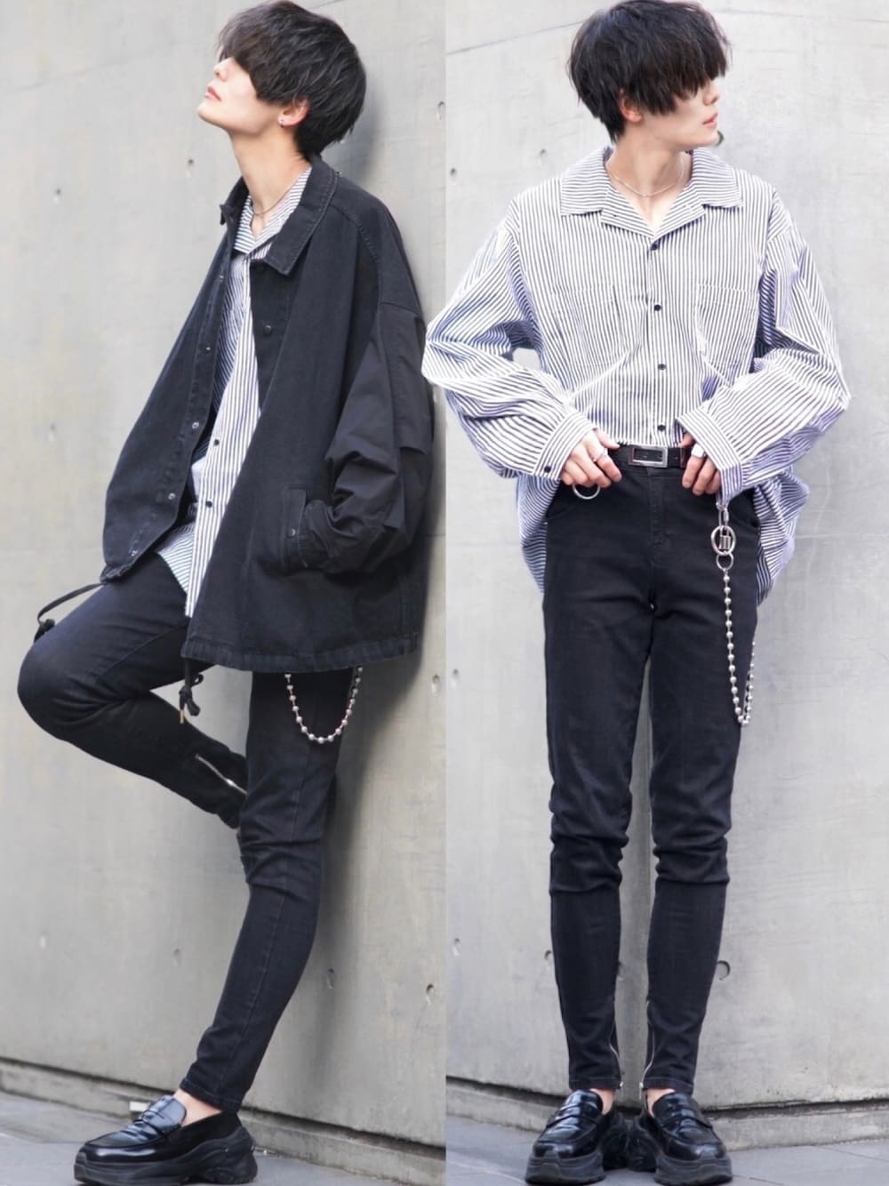 「ストライプ、ストライプシャツ、デニム、デニムジャケット、おしゃれさんと繋がりたい、黒スキニー、今日のコーデ、シャツスタイル、カジュアル、adrer」｜「ADRERのヴィンテージオーバースウィッチデニムジャケット（デニムジャケット、ブラック系）」を使った、犬飼京 inukai keiさん（メンズ・183cm）の冬コーディネートの1枚目の写真