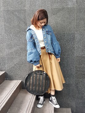 「ラウンドバッグ」｜「アイテム（ジャケット/アウター）」を使った、namiさん（レディース・157cm）の春コーディネート