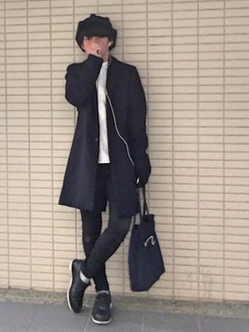「ノーカラーシャツ」｜「アイテム（キャスケット）」を使った、しょた。さん（メンズ・172cm）の冬コーディネート