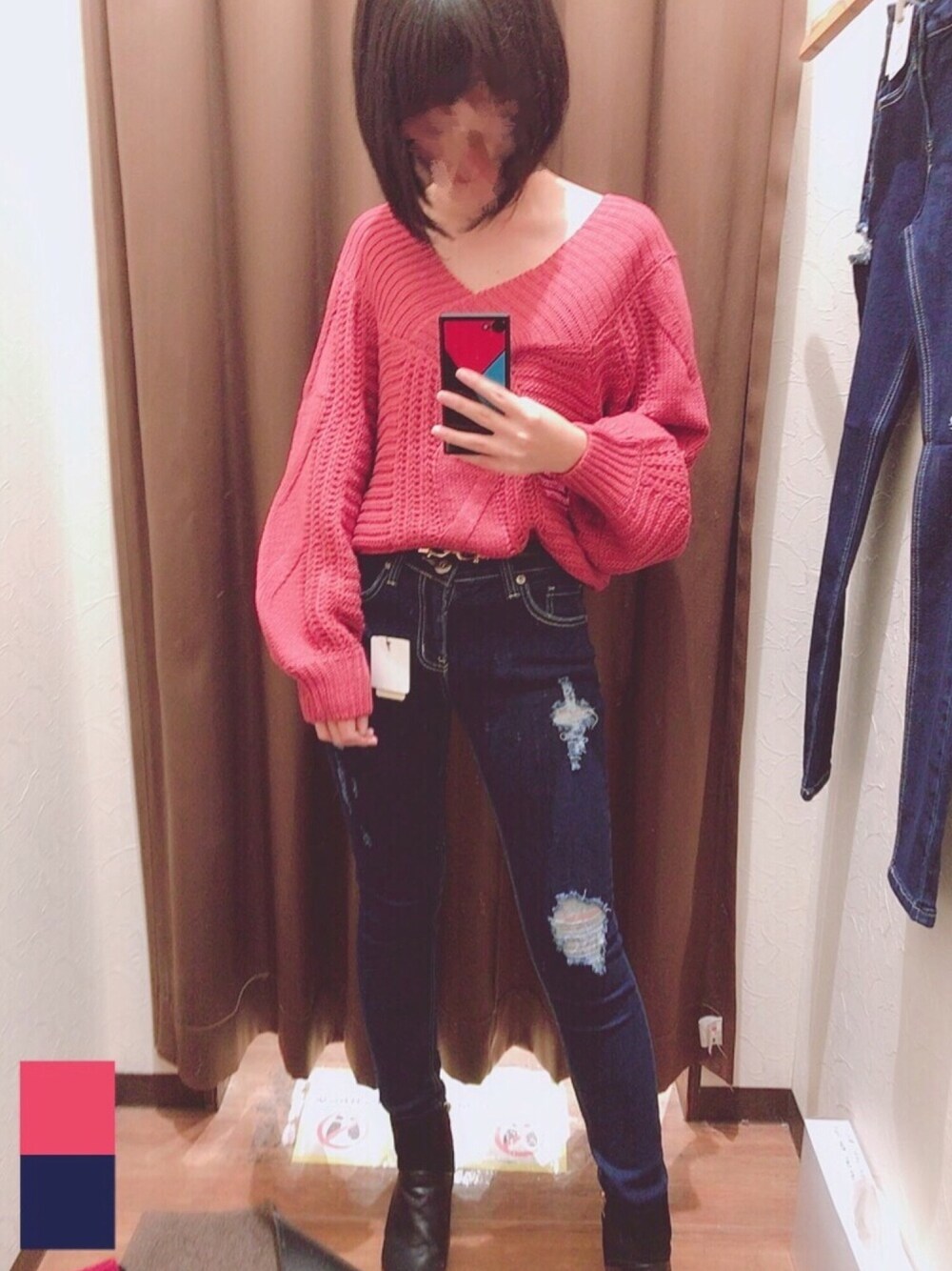 「GORGE、秋のコーデ、カジュアルコーデ、大人カジュアル、プチプラ、シンプル、ootd、ピンク、ニット、色彩コーディネーター」｜「GORGEのアイテム（デニムパンツ、ブルー系）」を使った、zoeyyzさん（レディース・158cm）の秋コーディネートの1枚目の写真