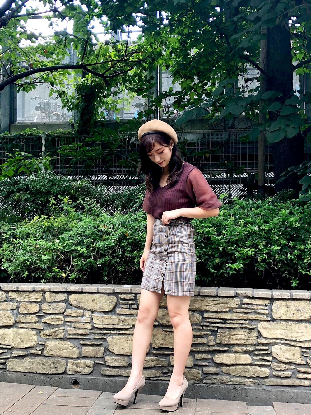 「LIPSERVICEのチュールスリーブニット（ニット/セーター、ブラウン系）」を使った、Reina¨̮♡さん（レディース・152cm）の夏コーディネートの1枚目の写真