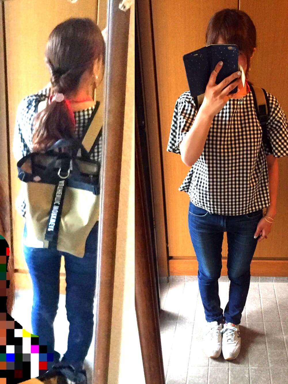 「Kastane、kastane名古屋、リュック、ギンガムチェック、ハートマーケット、HEART MARKET、Dickies」｜「KastaneのDickies<ディッキーズ>別注 バックパック（バックパック/リュック、ベージュ系）」を使った、らなさん（レディース・155cm）の夏コーディネートの1枚目の写真
