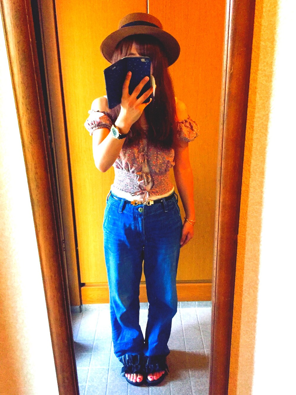 「カンカン帽、Kastane、kastane名古屋、オフショル、ハートマーケット、HEART MARKET、wcloset」｜「Green　Parksの・ペーパーカンカン帽（帽子、ブラウン系）」を使った、らなさん（レディース・155cm）の夏コーディネートの1枚目の写真