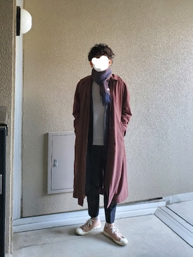 「Calvin Klein（カルバン・クライン）のアイテム（ステンカラーコート）」を使った、muuさん（メンズ・174cm）の冬コーディネート