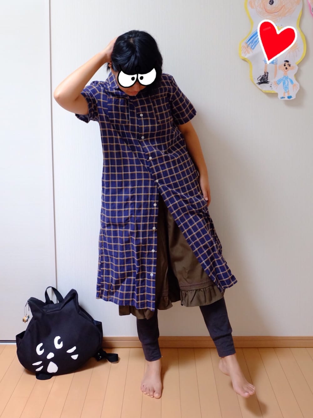 「アラフォーママコーデ、男の子ママ、ゆるコーデ、ゆるカジ、FRAPBOIS、ペチパンツ、にゃー、ne-net、エアコン苦手、冷え性」｜「FRAPBOISのキュバシャツ（シャツワンピース、ブルー系）」を使った、ちぇぶさんさん（レディース・154cm）の夏コーディネートの1枚目の写真