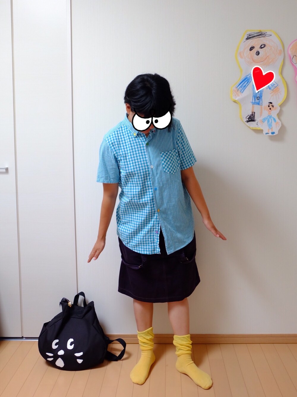 「アラフォーママコーデ、男の子ママ、ゆるコーデ、ゆるカジ、FRAPBOIS、FRAPBOIS half、にゃー、ne-net、サロペット、エアコン苦手」｜「FRAPBOISのトーンシャツ（シャツ/ブラウス、グリーン系）」を使った、ちぇぶさんさん（レディース・154cm）の夏コーディネートの1枚目の写真