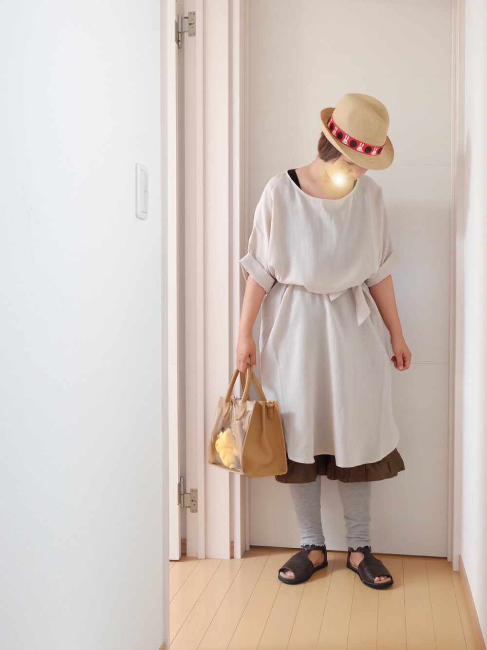 「ゆるコーデ、低身長、ベージュ、GU、UNIQLO、ペチパンツ、CUNE、麦わら帽子、クリアバッグ、Samansa Mos2」｜「CUNEのアイテム（ハット、ベージュ系）」を使った、ちぇぶさんさん（レディース・154cm）の春コーディネートの1枚目の写真