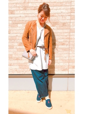 「アイテム（ライダースジャケット）」を使った、s.sさん（レディース・158cm・20代）の春コーディネート