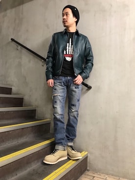 「ワークブーツ」｜「アイテム（ブルゾン）」を使った、Shuto Kinoshitaさん（メンズ・170cm）の冬コーディネート