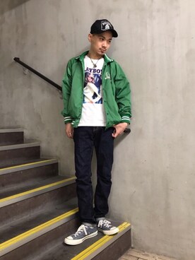 「HYSTERIC GLAMOUR（ヒステリックグラマー）のHYS WHISKY柄 刺繍キャップ（キャップ）」を使った、Shuto Kinoshitaさん（メンズ・170cm）の秋コーディネート