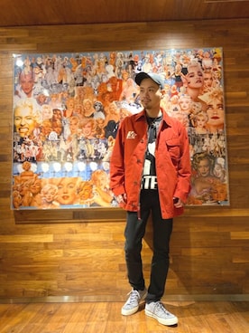 「アイテム（ミリタリージャケット、レッド系）」を使った、Shuto Kinoshitaさん（メンズ・170cm）の冬コーディネート