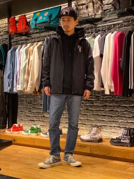 「HYSTERIC GLAMOUR（ヒステリックグラマー）のHYS WHISKY柄 刺繍キャップ（キャップ）」を使った、Shuto Kinoshitaさん（メンズ・170cm）の春コーディネート