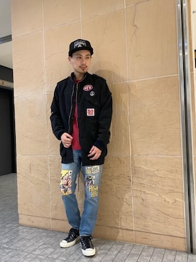 「HYSTERIC GLAMOUR（ヒステリックグラマー）のHYS WHISKY柄 刺繍キャップ（キャップ）」を使った、Shuto Kinoshitaさん（メンズ・170cm）の春コーディネート