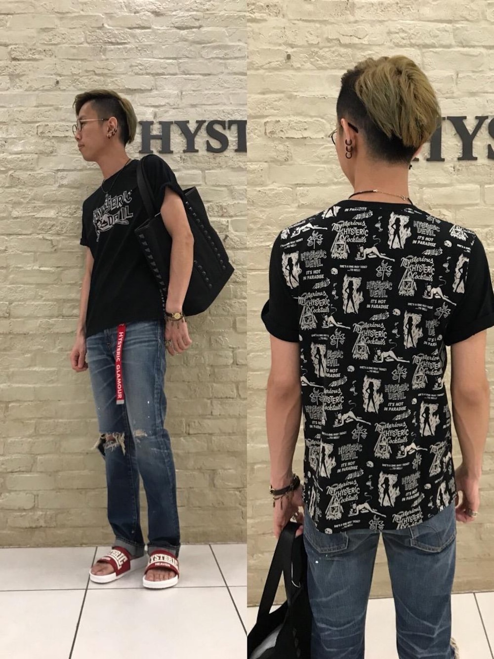「デニム、シンプル、大人カジュアル、Hysteric Glamour、夏コーデ、ヒス、ヒステリックグラマー、ガチャベルト、90'sスタイル、hys」｜「HYSTERIC GLAMOURのLOGO テープベルト（ベルト、レッド系）」を使った、TEPPEIYAMASAKIさん（メンズ・175cm）の夏コーディネートの1枚目の写真