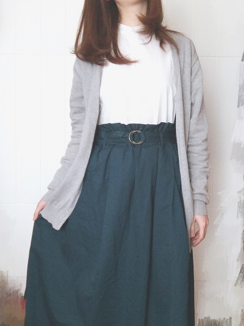「大人カジュアル、シンプルコーデ、ootd、春、スカート」｜「coenのアイテム（スカート、グリーン系）」を使った、XminoXさん（レディース・163cm）の冬コーディネートの1枚目の写真