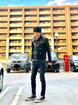 「Lui's（ルイス）のアイテム（ライダースジャケット）」を使った、あしたかさん（メンズ・170cm）の冬コーディネート