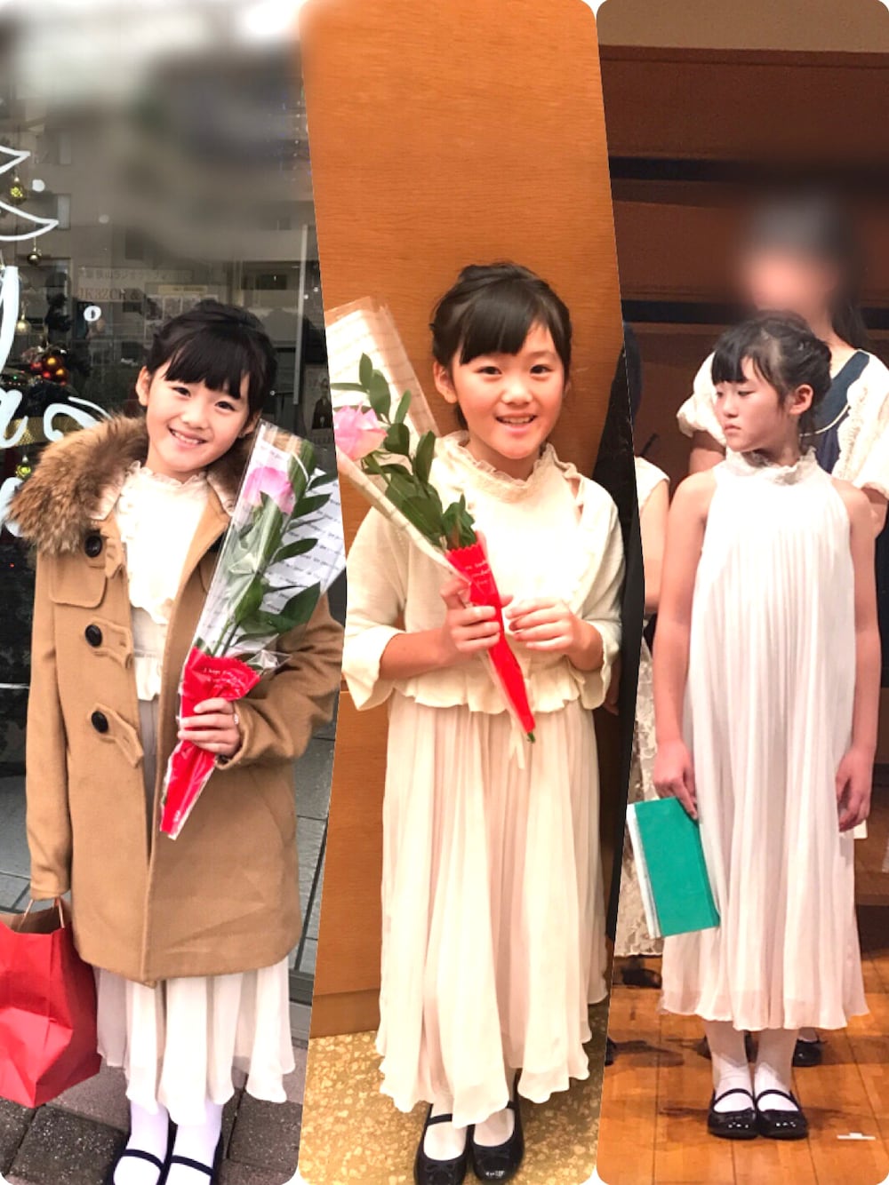 「キッズコーデ、ピアノの発表会、プリーツワンピース、ミッシェルクラン、フリルカーディガン、クミキョク(組曲)、ファー付きコート、ロイヤルパーティー、バレエシューズ、GU」｜「MK MICHEL KLEINのアイテム（ワンピース、ベージュ系）」を使った、T.Iさん（レディース・165cm）の冬コーディネートの1枚目の写真
