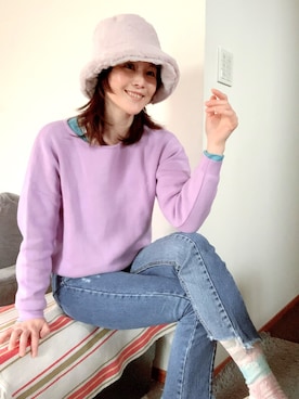 「select MOCA（セレクトモカ）の【GISELe4月号掲載】【GISELe12月号掲載】センタープレスストレートヘムラインカットオフダメージ加工デニム（デニムパンツ）」を使った、T.Iさん（レディース・166cm）の春コーディネート