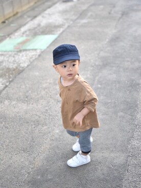 「PETIT BATEAU（プチバトー）のアイテム（キャップ）」を使った、ゆ うさん（キッズ・80cm）の秋コーディネート