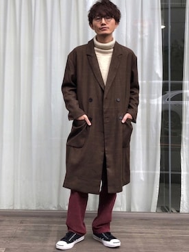チェスターコートを使った「ワインレッド」の人気ファッション
