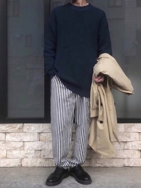「Revo.（レボ）のRevo. ヒッコリー ストライプ テーパードパンツ（その他パンツ）」を使った、かっしーさん（メンズ・167cm）の冬コーディネート