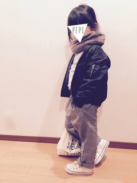 「TODAY'S SPECIAL（トゥデイズスペシャル）のMARCHE BAG/マルシェバッグ（エコバッグ/サブバッグ）」を使った、pepeさん（キッズ・100cm）の冬コーディネート