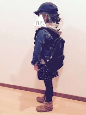 「ドットパンツ」｜「アイテム（デニムジャケット）」を使った、pepeさん（キッズ・100cm）の春コーディネート