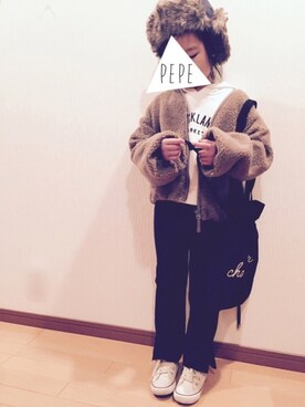 「チョコ色に染まれ」｜「アイテム（その他アウター）」を使った、pepeさん（キッズ・110cm）の冬コーディネート