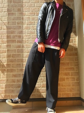 「Daniel Wellington」｜「アイテム（ライダースジャケット）」を使った、やまぴーさん（メンズ・175cm）の秋コーディネート