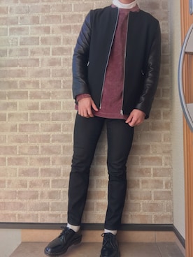 「ベロア」｜「アイテム（ライダースジャケット）」を使った、やまぴーさん（メンズ・175cm）の秋コーディネート