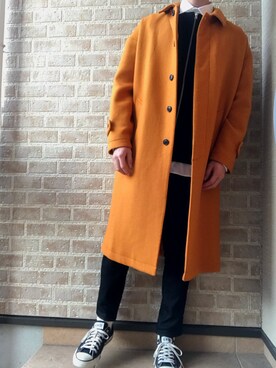 「ユニバ」｜「アイテム（ステンカラーコート）」を使った、やまぴーさん（メンズ・175cm）の冬コーディネート