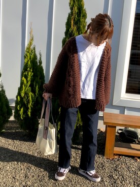 minakoさんの「お手軽羽織りにぴったりな　手編みのざっくりニットカーディガン　ｂｙ　ｑｕｅ　ｍａｄｅ　ｍｅ」を使ったコーディネート