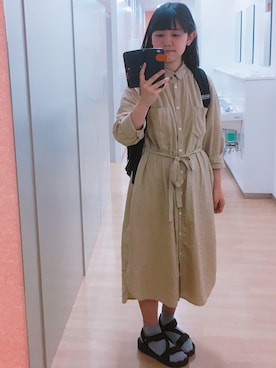 「studio CLIP（スタディオクリップ）のリネンレーヨンクロスロングシャツワンピース（ワンピース/ドレス、ベージュ系）」を使った、るーさん（レディース）の春コーディネート